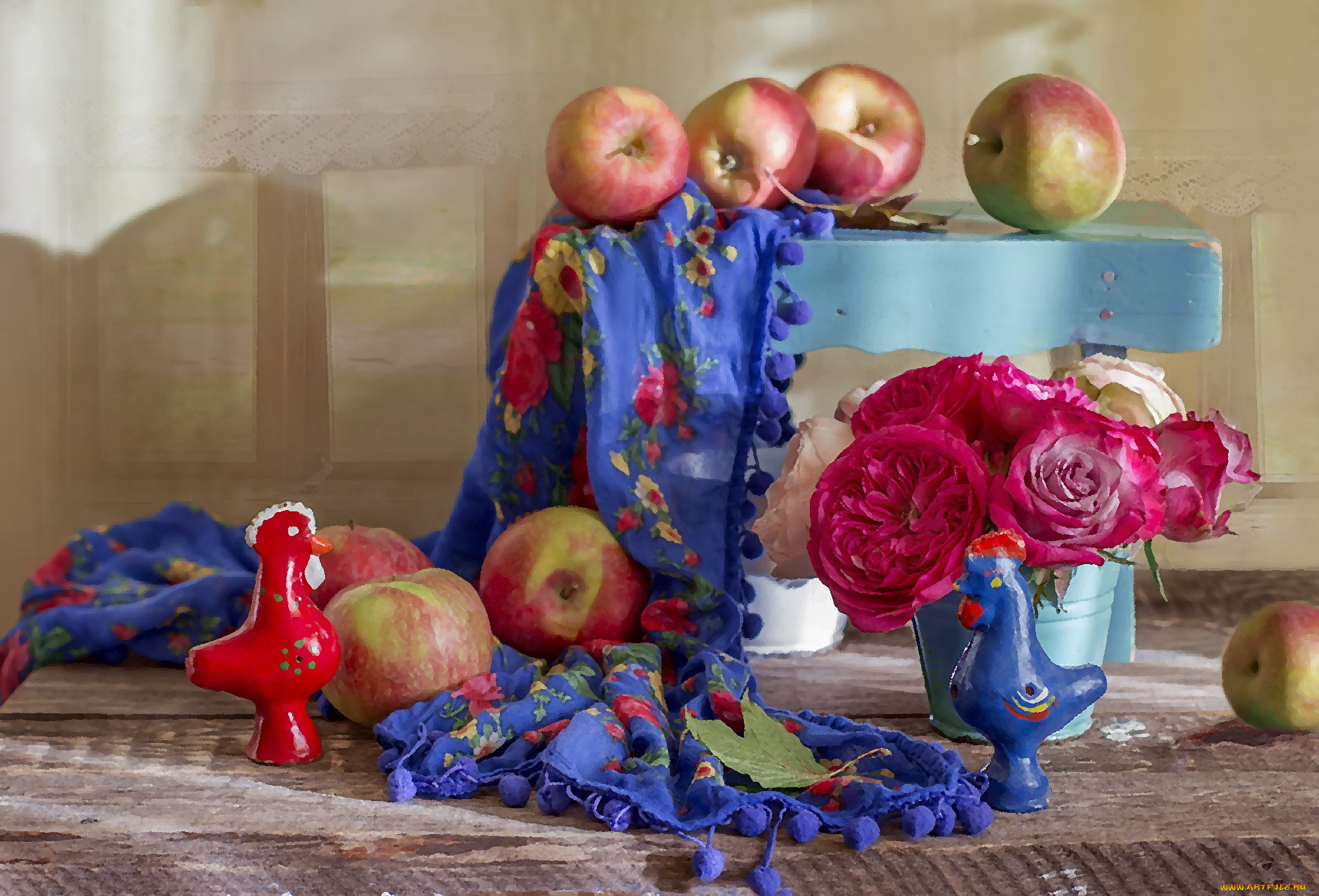 Платок яблоки. Композиция с яблоками. Натюрморт яблоко в платке. Яблоки в платочках. Картина яблоко в платке.